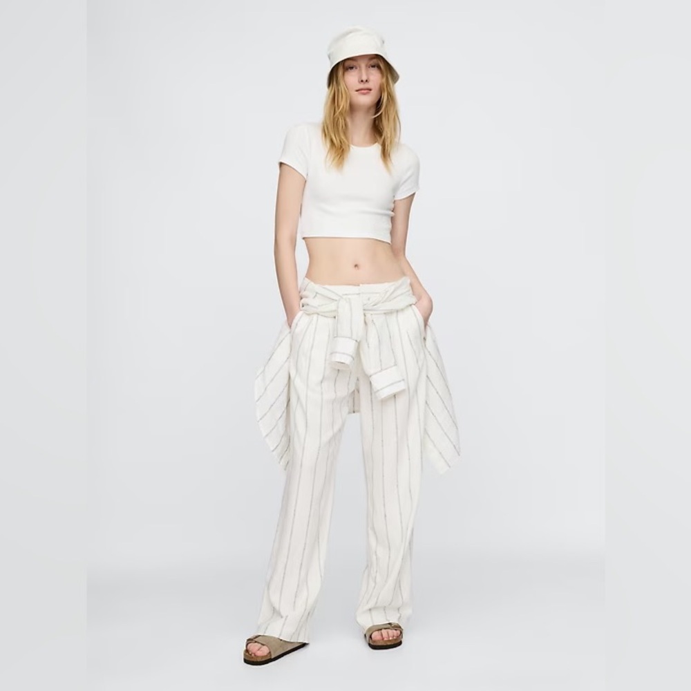 NWT! GAP Off White Stripe 365 High Rise Linen-Blend Trousers - Size 8 🩷